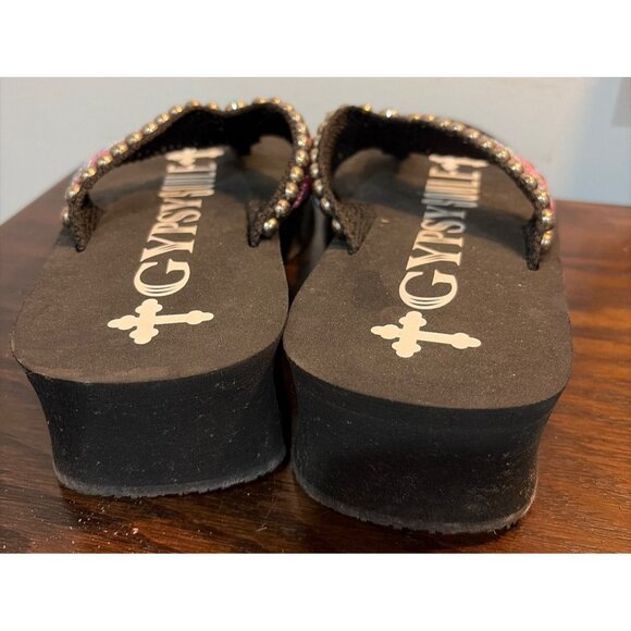Womens Gypsy Soule Black Wedge Flip Flops Beaded Pink & Turquoise Strap Sz 9 - Picture 5 of 8